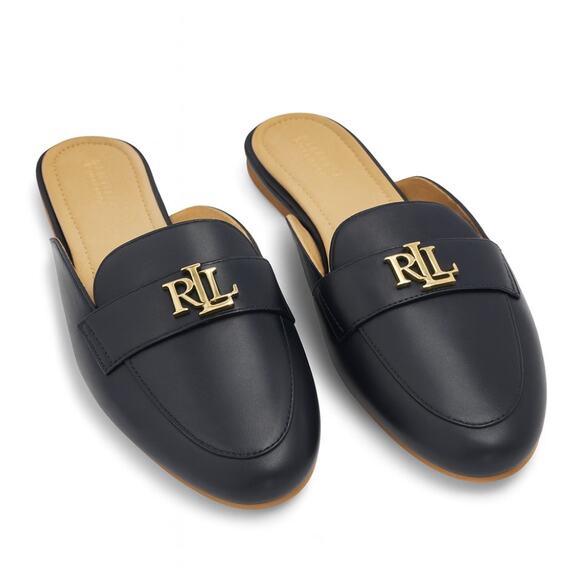 LAUREN RALPH LAUREN Alli Leather Mule Slides Navy Blue RLL Logo Gold Sz 9.5 NWOB - Picture 1 of 9